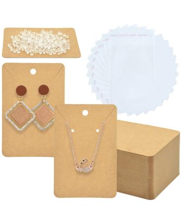 Yuronam 120 Set Earring Holder Cards Necklace Display Cards with 120 Pcs Self Sealing Bags and 240 Pcs Earring Backs for Earring Necklace Display(3.5 x 2.3 Inches  Kraft Color)