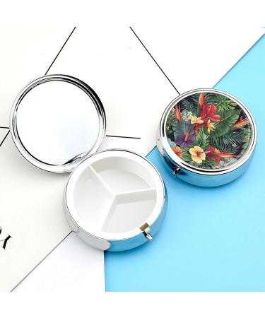 Round Pill Box with Tropical Plant Flowers Print | 3 Compartment Decorative Metal Pill Organizer | Portable Pocket Case | Style-38 - Buy Online on GoSupps.com