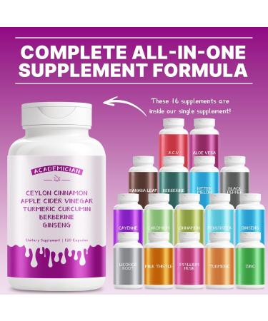 ACADEMICIAN Berberine Apple Cider Vinegar Turmeric Supplement Capsules with Ceylon Cinnamon Ginseng Bitter Melon Gymnema Fenugreek Milk Thistle - 120 Count - Buy Online on GoSupps.com