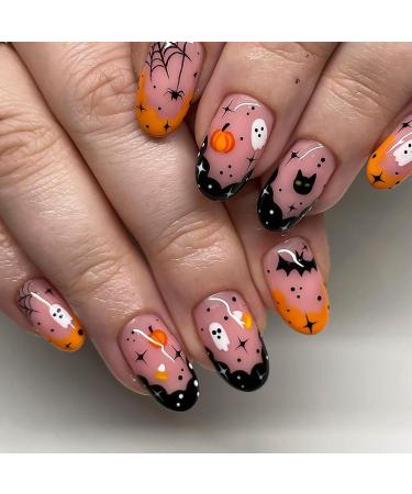 Halloween Press on Nails Short Almond False Nails Pink Fake Nails with Ghost Pumpkin Spider Web Designs Acrylic Nails Full Cover French Tip Stick on Nails for Women Girls 24Pcs 888