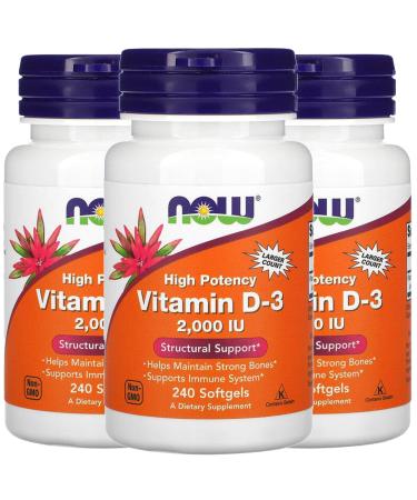 NOW Foods Vitamin D-3 50 mcg (2 000 IU) 240 Softgels 3 Pack