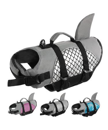 SUNFURA Dog Life Jacket, Shark Fin Design Pet Life Vest Dog Safety Preserver with High Buoyancy & Rescue Handle for Swim, Pool, Beach, Boating, Adjustable Ripstop Lifesaver for Small Medium Dogs X-Large Silver