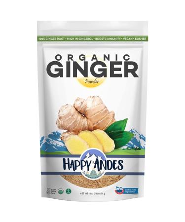 HAPPY ANDES USDA Organic Ginger Root Powder Pure Ground Dried Root Highly Aromatic 100% from Peru 1 lb.