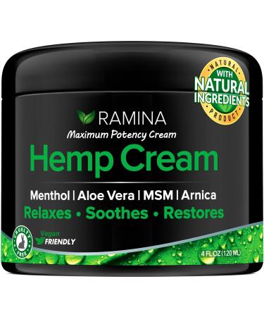 Ramina Natural H mp Extract Cream - Made in USA - Infused with Menthol MSM & Arnica - Soothes Discomfort in Muscles Joints Back Knee Nerves - Non-GMO - 4 fl oz