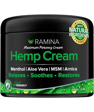 Ramina Natural H mp Extract Cream - Made in USA - Infused with Menthol MSM & Arnica - Soothes Discomfort in Muscles Joints Back Knee Nerves - Non-GMO - 4 fl oz
