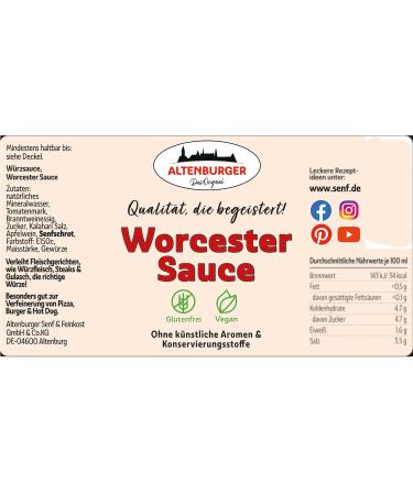 Altenburger Original Worcester Sauce, 140 ml, Worcestershire Sauce Gluten Free, Lactose Free, Vegan, No Added Flavours - Buy Online on GoSupps.com