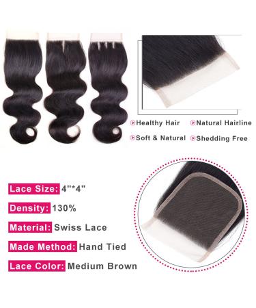 Arenshxc 4x4 Lace Closure Body Wave - 20 Real Human Hair Natural Black Grade 9A for Women | Swiss Lace Free Part - Buy Online on GoSupps.com