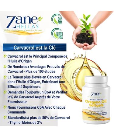 Zane Hellas Oregano Oil Capsules. The highest concentration in the world. Each Softgel contains 30% pure Greek oregano essential oil. 130 mg of carvacrol per softgel. 60 capsules. - Buy Online on GoSupps.com