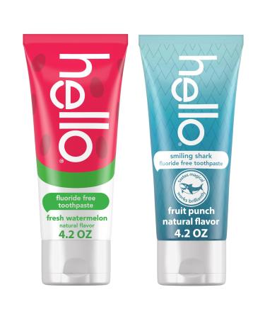 Hello Smiling Shark and Fresh Watermelon Fluoride Free Kids Toothpaste Pack, Includes 4.2 oz Smiling Shark Kids and 4.2 oz Fresh Watermelon Toothpaste
