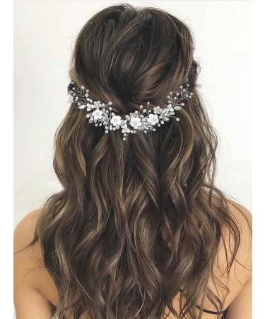 GORAIS Flower Bride Wedding Hair Vine Crystal Bridal Headpieces Pearl Hair Accessories for Women and Girls (A-Silver)