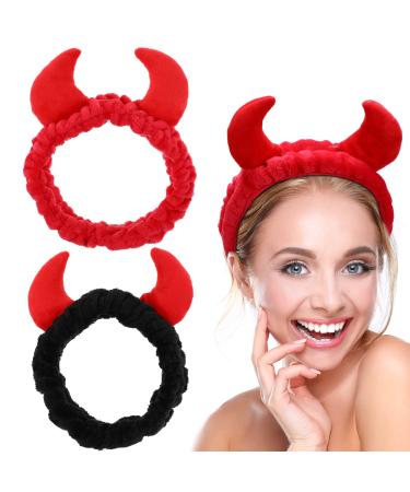 Beaupretty 2 Pack Spa Headband for Women Devil Horns Facial Headband Face Wash Headband Makeup Cosmetic Shower Soft Hair Band (Black Red) Black Red