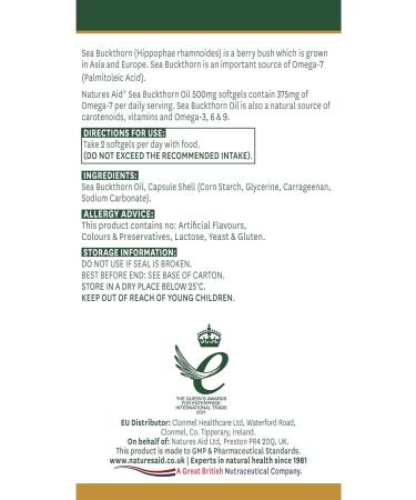 Nature's Aid Omega-7 Sea Buckthorn Oil 500mg - 60 Vegetarian Softgels - Buy Online on GoSupps.com