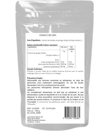 Ginkgo Biloba Powder | 100g Bag | Memory and Concentration | Micro-Circulation | Made in Occitania | Nature AZ - Buy Online on GoSupps.com