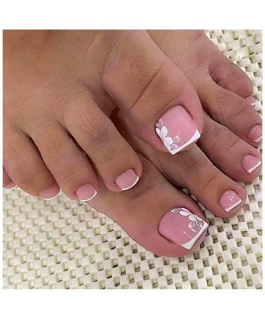 24Pcs French Tip Press on Toenails for Women  Toe Nail Press ons Short  Square Fake Toenails with White Flowers Design Fake Toe nails Manicure Luxury Glossy Toenail Press on nails new style-14