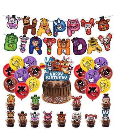 Zhongkaihua FNAF Birthday Party Supplies Set Includes FNAF Cake Topper Cupcake Toppers Banner Balloons FNAF Security Breach Theme Party Birthday Decorations Type1