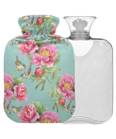 NAANLE heat bottle with cover watercolor floral poppy seedlower motif transparent hot water bottle heat bottle for relieving back pain handwear warmers neck-hot and cold therapy 1 l