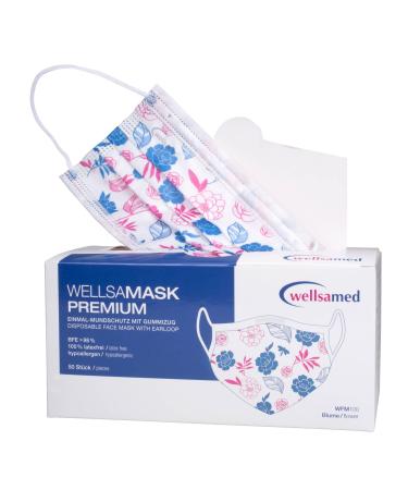 Wellsamed Wellsamask 50 pieces medical face mask Type IIR with elastic band with motif flowers