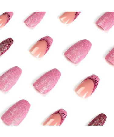 24pcs Short Coffin French Tip False Nails | Pink Purple Glitter Press On Nails | Removable Glue-On Nails | Full Cover Fake Nails - Nail Art Accessories - Buy Online on GoSupps.com
