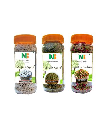 Nature's Bridge Rajasthani Mukhwas Combo Jar Pack of 3 / Madrasi Saunf Shimla Saunf Marwadi Mixture Each 200gm / Mouth Fresheners Combo (200 Gm X 3)_Packing May Vary