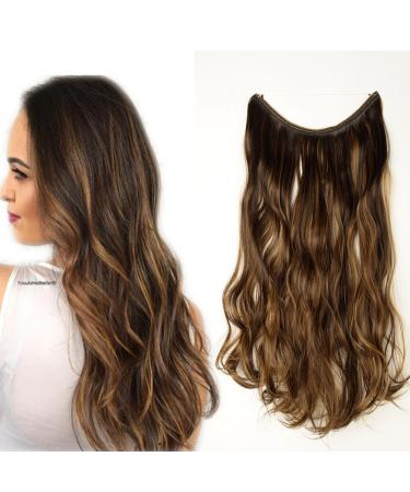 SEGO hair part extensions hair extension 1 breath hair compression corrugated with invisible wire dark brown & sandy blonde wavy-50 cm-90g 50 cm dark brown mix sandy blonde