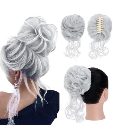 S-Noilite Claw Clip Messy Bun Hair Pieces Tousled Updo Hair Bun Hair Chignon Curly Wavy Hair Scrunchies Synthetic Ponytail Hair Extensions for Women - Silver Grey