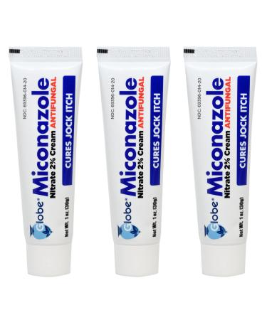 Globe Miconazole Nitrate 2% Antifungal Cream, Cures Most Athletes Foot, Jock Itch, Ringworm. 1 OZ Tube (3 Pack)