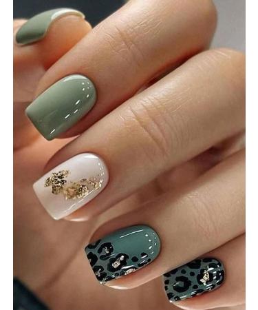 24pcs Green Leopard Press on Nails Green Leopard Fake Nail Green Medium Square Coffin Nails Press on Nails Coffin Shape Nails