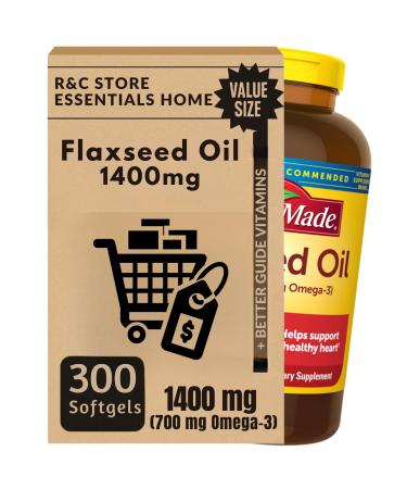 Nature Flaxseed Oil Capsules 1400mg (300 Softgels) | Plant-Based Omega-3 ALA | Bundle with Essential Vitamins Guide by R&C Store