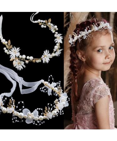 2 Pieces Wedding Flower Girl Headpiece Bridal Hair Vines Princess Hair Accessory Floral Girl Headband Rhinestone Pearl Headband for Women Girls Communion Wedding Prom Photography - Buy Online on GoSupps.com