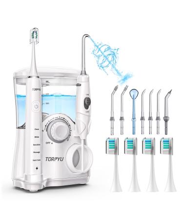 Water Flosser and Toothbrush Combo with 11 Tips, Torpyu Sonic Electric Toothbrush with Water Flosser for Teeth, Sonic Flossing Toothbrush, 600ML Detachable Tank for 120s Dental Oral Irrigator White