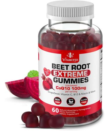 Extreme Beetroot Formula & COQ10 100mg with Grape Seed Extract for Circulation Energy & Flow 1500mg Beet Root Gummies Extract Gluten Free 60
