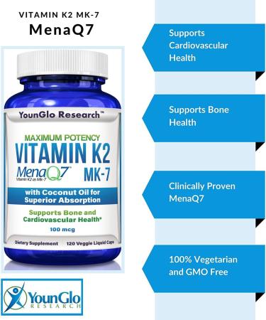 YounGlo Vitamin K2 MK7 100mcg with Coconut Oil | 120 Vegan Liquid Capsules for Bone Health | Supports Bone Strength & Density for Adults - Buy Online on GoSupps.com