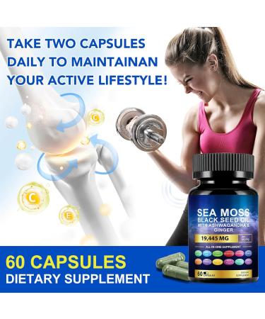 Sea Moss Black Seed Oil Ashwagandha Ginger Turmeric Capsules Sea Moss Gummies Supplement with Burdock Root Bladderwrack Vitamin C Vitamin D3 Yellow Dock Iodine Chlorophyll ACV - 60 Count - Buy Online on GoSupps.com