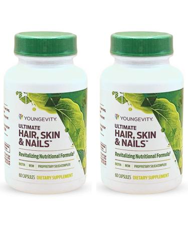 Youngevity Ultimate Hair Skin and Nails | 2000 mcg Biotin + Essential CoFactors | 9 Vitamins/Minerals Paba Silica MSM B-6 | (Pack of 2) 60 Count (Pack of 2)