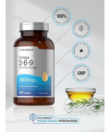 Horbaach Triple Omega 3-6-9 3600mg Softgels - Fish, Flaxseed, Borage Oils - 240 Count - Non-GMO, Gluten Free - Buy Online on GoSupps.com