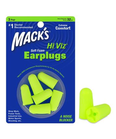 Mack s Hi Viz Soft Foam Earplugs 3 Pair Most Visible Color Easy Compliance Checks 32dB High NRR Comfortable Safe Ear Plugs for Shop Work Industrial Use Motor Sports and Shooting