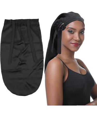 SAYMRE Long Silk Bonnet - 100% Mulberry Silk Sleep Cap for Women | Adjustable Elastic Band | Silk Satin Wrap for Curly Hair & Dreadlocks - Black - Buy Online on GoSupps.com