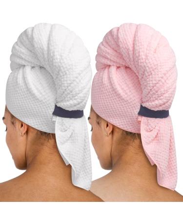 Umisleep Extra Large Microfiber Hair Towel for Women Curly Long Thick Hair 2 Pack Ultra Absorbent Hair Drying Towel Wrap Super Soft Anti Frizz Hair Turban with Elastic Loop (White Pink) White / Pink