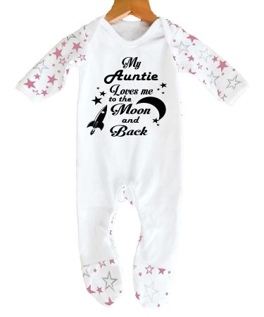 'My Auntie Loves Me to The Moon and Back' Baby Boy Girl Sleepsuit Designed and Printed in the UK Using 100% Fine Combed Cotton 3-6 Months White/Pink Stars