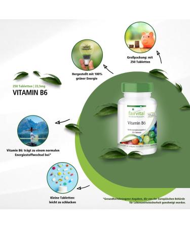 Fairvital Vitamin B6 Tablets - High Dose 22.5mg Pyridoxine - Vegan - 250 Tablets | International Shipping Available - Buy Online on GoSupps.com
