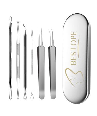 Bestope Pro blackhead remover 6-part acne remover set-tweezers set with metal housing blackhead remover tool made of high-quality stainless steel silver modern