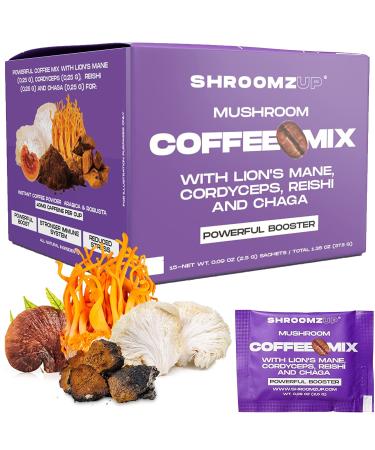 ShroomzUp Mushroom Coffee Instant - 15 Pack with 4 Mushrooms - Lions Mane, Reishi, Chaga and Cordyceps Mushrooms - Vegan Nootropic Coffee Instant - Arabica and Robusta Instant Coffee Powder for Focus