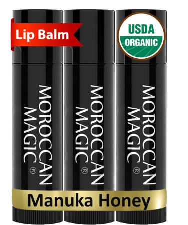 Moroccan Magic Organic Manuka Honey Lip Balm 3 Pack | Ultra-Hydrating Argan & Essential Oil Lip Moisturizer + Vitamin E | Natural Chapstick for Dry Lips | Smooth Non-Toxic | Organic Lip Balm