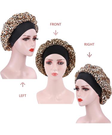 AliLeader 2Pcs Silk Hair Bonnet for Sleeping - Black+Leopard | Soft Satin Sleep Cap for Curly Hair - Buy Online on GoSupps.com