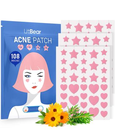 LitBear Acne Patch Pimple Patch Pink Heart & Star Shaped Acne Absorbing Cover Patch Hydrocolloid Acne Patches For Face Zit Patch Acne Dots Tea Tree Oil + Centella (108 Count (Pack of 1)) 108 Piece Assortment