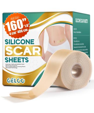 Geloo Professional Silicone Scar Sheets 4.06M - Extended Edition Silicone Scar Tapes - Reusable Scar Removal Silicone Gel Strips for C-Section  Keloid  Surgery  Burn Scar Etc (Roll 1.6 * 160)