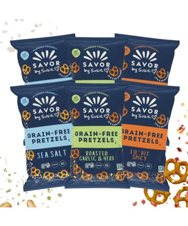 Savor by Suzie, Gluten-Free Pretzel Twists - Grain Free, Nut Free, Non-GMO Vegan Paleo Snacks, Variety (Salt, Garlic, Spicy), 6-pack - Buy Online on GoSupps.com