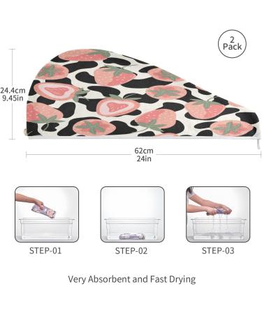 Cow Print Strawberry Dry Hair Cap & Towel Set | Quick Drying Soft Super Absorbent | 2 Pieces with Button Headband - Perfect for All Hair Types - Buy Online on GoSupps.com