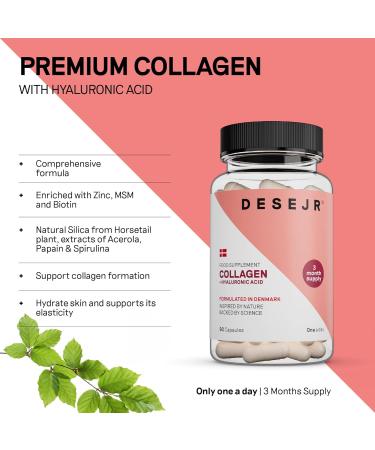 DESEJR Collagen & Hyaluronic Acid 90 Capsules (3 Months) | Premium Formula with Biotin, Zinc, Vitamin C, MSM & Horsetail Extract | Supports Joints, Skin & Bones | Lab Tested, GMO-Free | Made in Germany | One-a-Day Formula - Buy Online on GoSupps.com