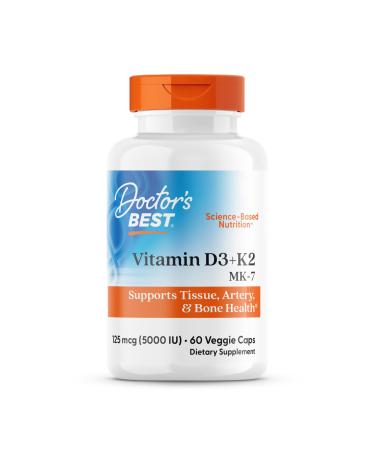 Doctor's Best Vitamin D3 + K2 (Vitamin K2 as MK-7) Supports Bone Tissue & Arterial Health Calcium Absorption Non-GMO Gluten Free Vegetarian 5000 IU 60 Veggie Caps